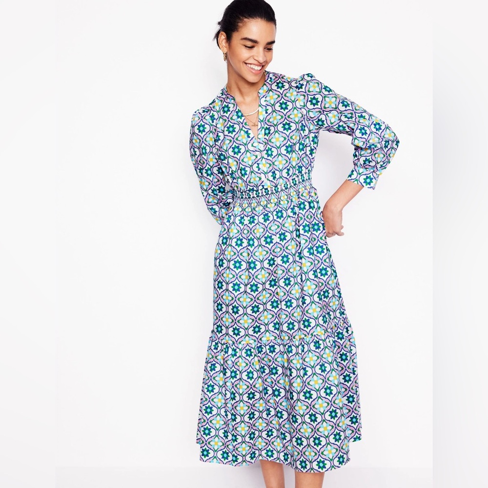 Boden Elena Tiered Cotton Midi Dress in Multi, Floweret Tile. Size 6
